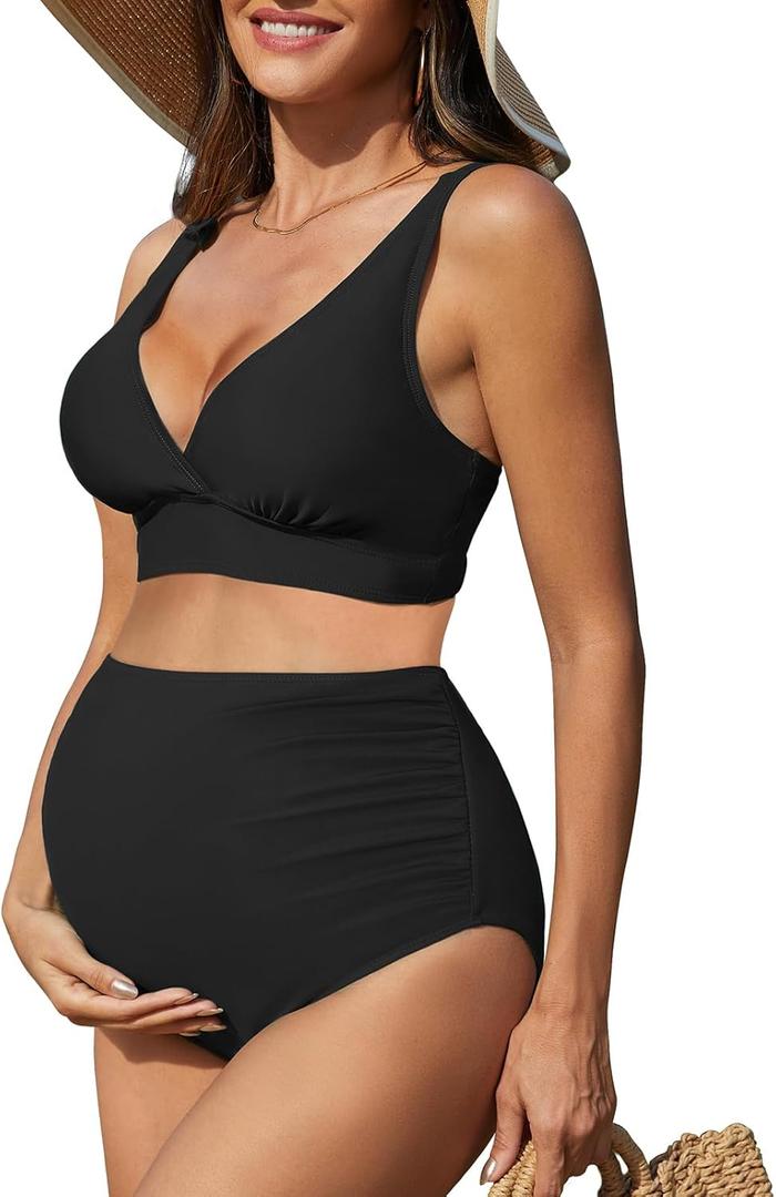 American Trends Maternity Swimsuit High Waisted Bikini Set Two Piece Pregnancy Bathing Suit Swimwear Swimming Suit (Medium, Black)