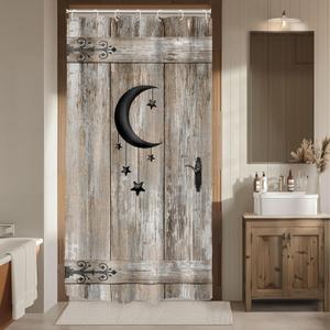 Riyidecor Rustic Barn Door Shower Curtain 36Wx72H Inch Country Farmhouse Small Stall Single Shower Curtains Rv Half Door Curtains Moon Star Bathroom Decor Fabric Polyester Waterproof 7 Pack Hooks