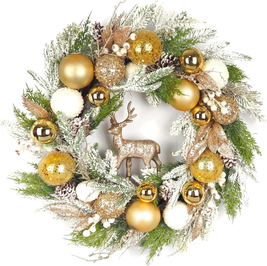 24 inch Pre-Lit Gold Christmas Wreath for Front Door Outdoor, Decorated with Ornaments, Deer Figurine, Flocked Artificial Green Pine Branches, White LED Lights