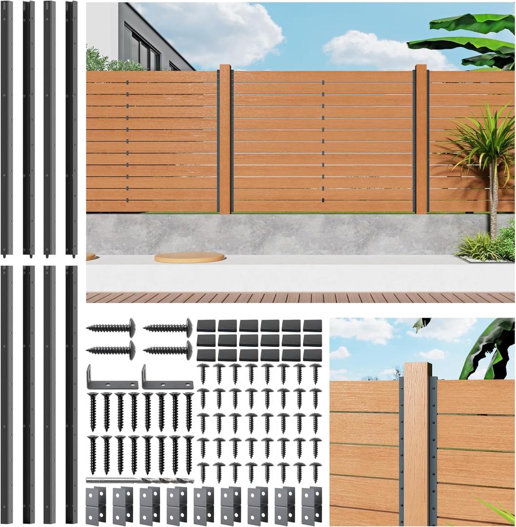 6FT No Dig Privacy Metal Fence Post for Wood Slat U-ShapeBlack Line Post Outdoor Privacy Fence Panels Butt-Joint 4Pack