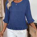 Urchics Womens Ruffle 3/4 Sleeve Tops Casual Linen Blouses Crew Neck Drop Shoulder Dressy Shirts Fall Outfits Gem Blue L (L)