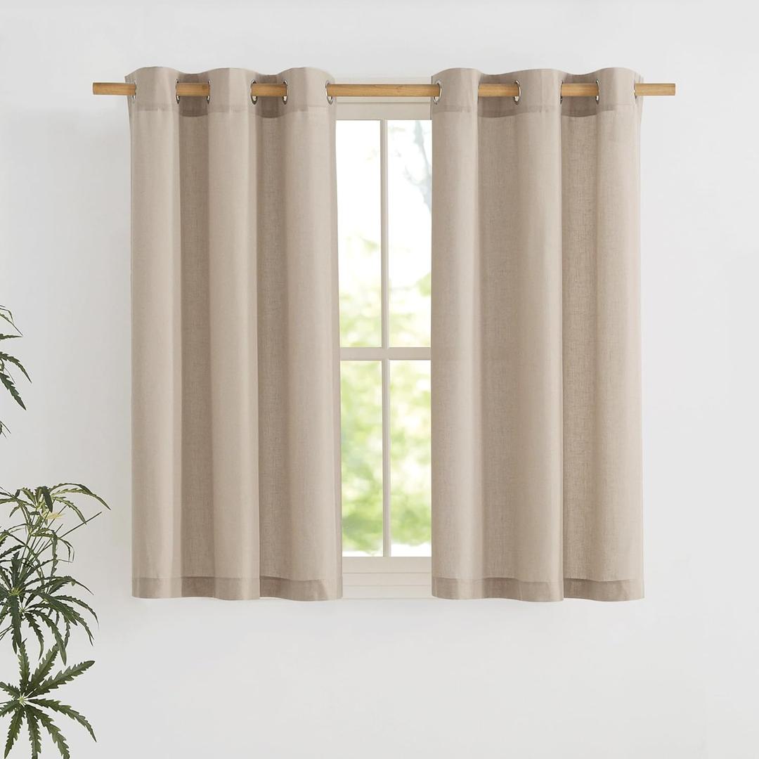 NICETOWN Taupe Short Linen Curtains for Kitchen, Thick Flax Small Window Treatments Semi Sheer Privacy Assured with Light Through for Cafe/Bathroom, W42 x L48, 2 Panels