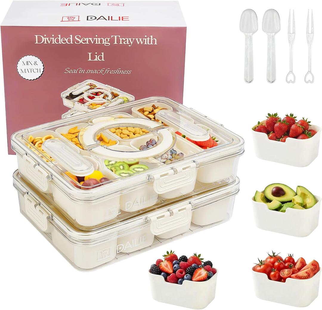 Snackle Box with Lid and Handle  Divided Snack Tray Organizer, Snack Organizer with Spoon & Fork for Travel, Charcuterie, Candy, Parties & Meal Prep
