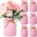 Domensi 6 Pcs Farmhouse Metal Flower Vase Wedding Decor Bulk Rustic Galvanized Milk Can Jug Vase with Bow Flower Bucket for Table Centerpiece Valentine Home (5.12 Inch,Pink)