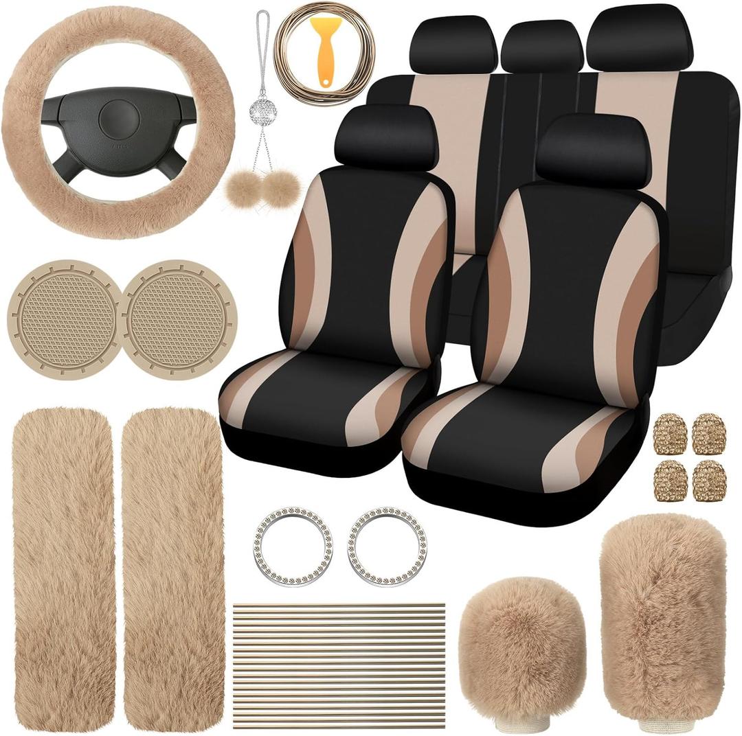ROCEEI 43 Pcs Beige and Black Car Seat Cover Full Set for Women Christmas Fuzzy Car Accessories Fluffy Steering Wheel Cover Front Rear & Belt Handbrake Shift Accessory for Winter
