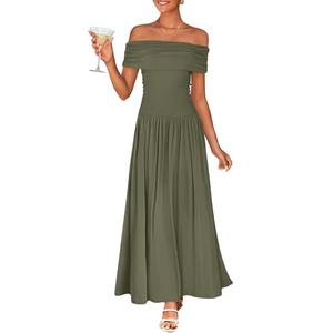 ZESICA Women's Off The Shoulder Maxi Dress 2026 Summer Sleeveless Casual Slim Swing Pleated Formal Party Dresses,Army Green,X-Large