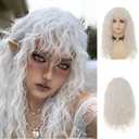 White Wigs with Bangs for Women Long Curly Wavy Soft Cosplay Halloween Costume Anime Wig