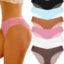 FINETOO 6 Pack Sexy Underwear for Women Silky Seamless No Show Panties Ladies Lace Bikini Lightweight Cheeky Hipster (Medium, Black & Fishwater & Brick Yellow & Caramel & White & Mocha Gray)