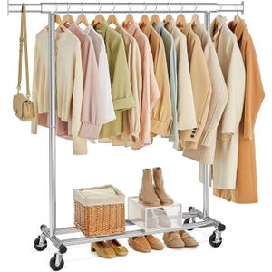 SONGMICS Clothes Rack with Wheels, Heavy-Duty Clothing Rack for Hanging Clothes, Portable, 17.7 x (36.2-52) x 63.6 Inches, with Extendable Rail, 220 lb Load Capacity, Silver UHSR13SV1