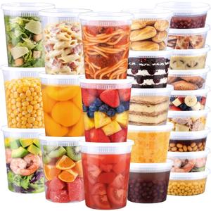 BYSNOW 60 Sets Deli Containers with Lids, 32/ 16/ 8 oz X 20 Set Each, Leak-Proof & BPA Free Airtight Stackable Takeout Plastic Food Storage Containers, Freezer/ Microwave/ Dishwasher Safe