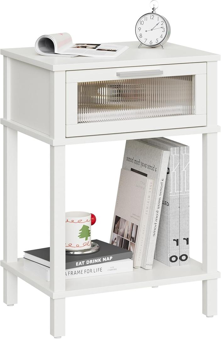 Nightstand Wooden Bedside Table with Drawer White Night Stands Modern Style Small End Table Side Table with Storage Shelf for Bedroom Living Room MLBZ10W