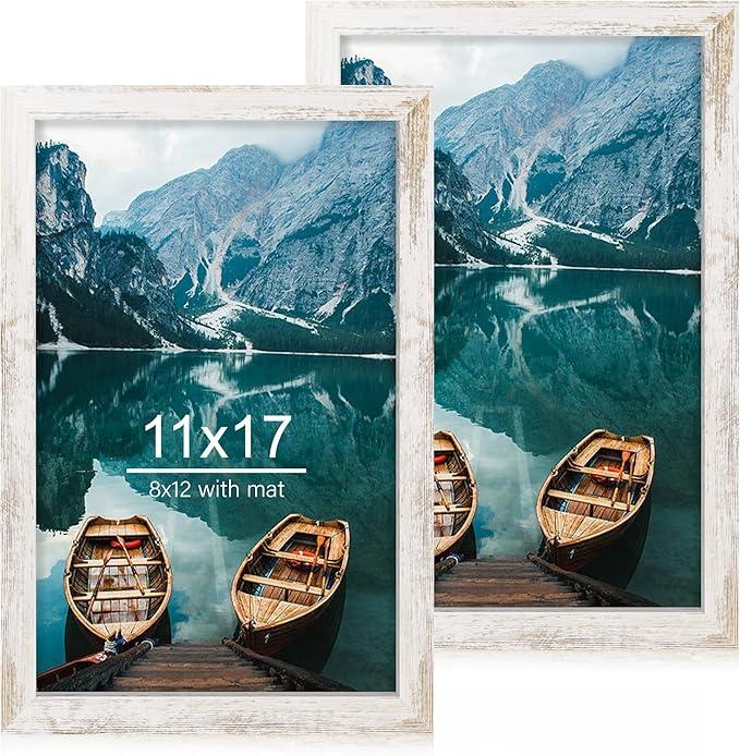 11"x17" Frame Set of 2, Distressed White Wood Style - Display 11" x 17" Poster without Mat or 8"x12" Picture with Mat, Wall Mounting Horizontal and Vertical