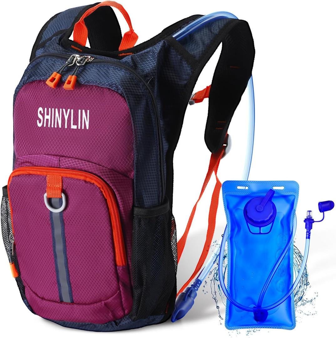 Kids Hydration Backpack with 1.5L Water Bladder Hiking Backpack Lightweight for Boys or Girls Children Biking Climbing Running Cycling (Purple)