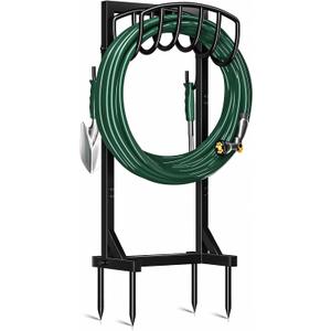 Kesfitt Garden Hose Holder Stand with 4 Spikes & 2 Tool Hooks, Detachable Heavy Duty Metal Freestanding Hose Reel Outdoor Organizer for Lawn Yard Water Storage Rack