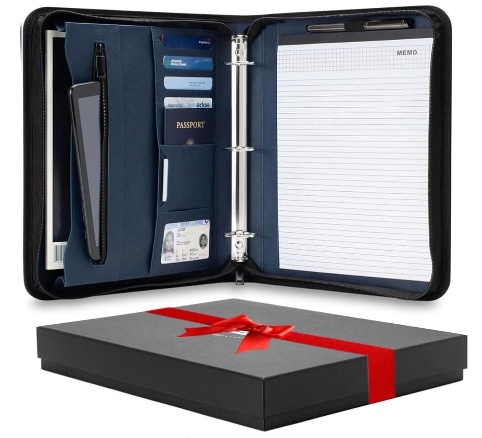 Forevermore Portfolios Portfolio Organizer  3 Ring Binder with Notepad  1.5 Inch Rings  Zippered Storage Pockets for Papers, Travel Documents, Presentation Folder, Cards, Passport, Tickets  Blue