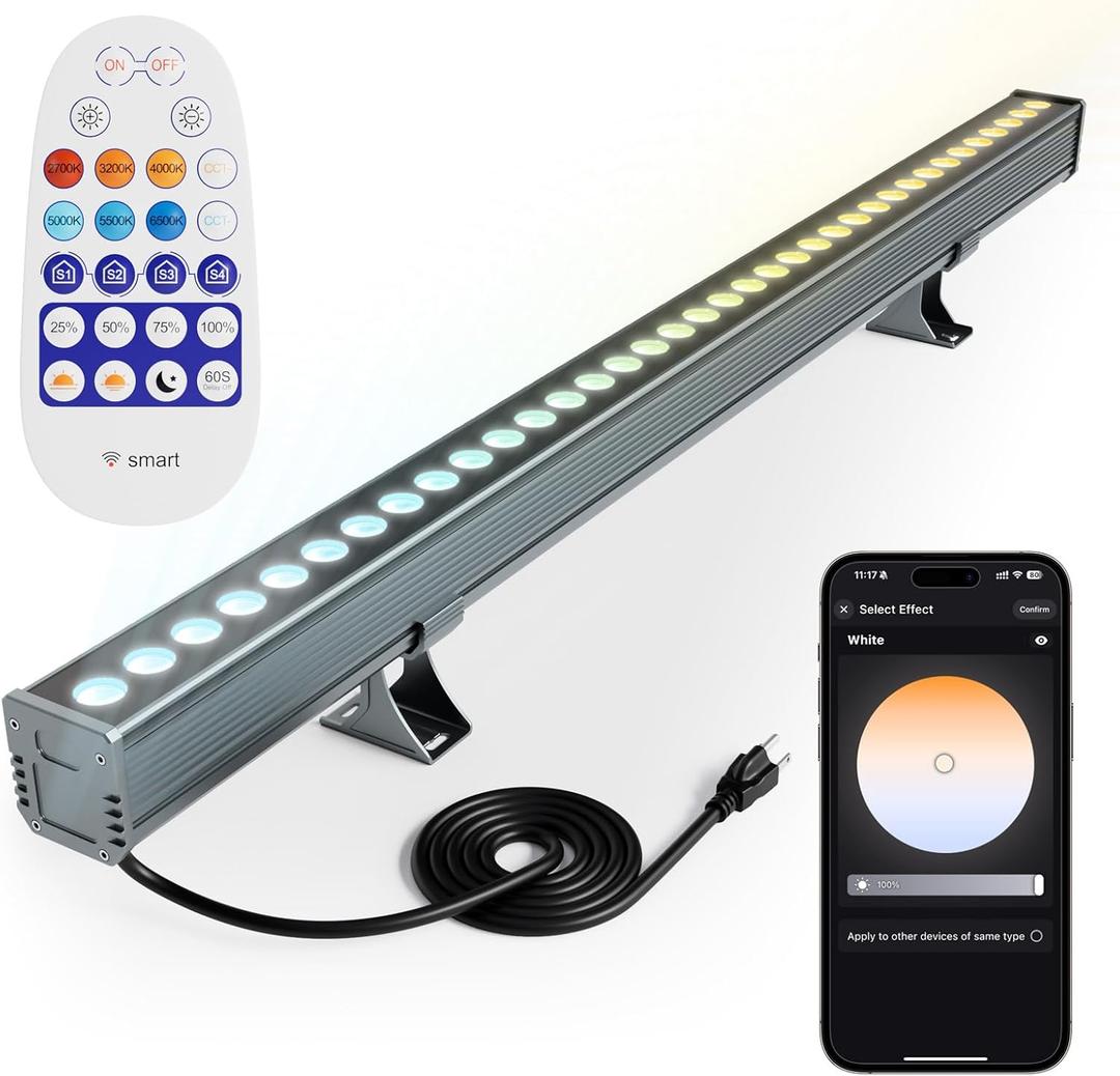 Smart Wall Washer Lights Adjustable Color Temperature 2700K-6500K,72W 9600lm 1%-100% Brightness Dimmable LED Bar Light APP & Remote Control for Outdoor, Compatible with Alexa/Google Assistant, 40" Tunable White