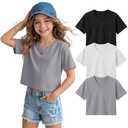 LessonZoo 3 Pack Girls Short Sleeve Crop Tops V Neck Cute Cropped T Shirts Summer Casual Tops Basic Tees Size 5-14 Years(Black, White, Gray,9-10 Years) (Black)