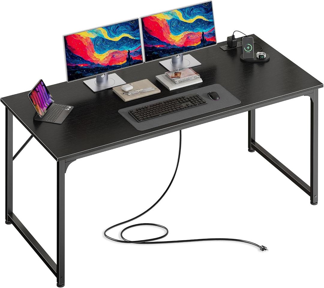 PRAISUN 54 X 24 Inch Computer Desk with Power Outlets & USB-C Port, Larger and Longer Office Desk with Deeper Desktop, Study, Bedroom, Writing Work from Home Table, Metal Frame, Black