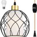 Plug in Pendant Light, Black Farmhouse Hanging Lights with Linen Shade, 15ft Golden Cotton Cord, Industrail Ceiling Lamp with Dimmable Switch, for Kitchen Island Living Room (Bulb Included)