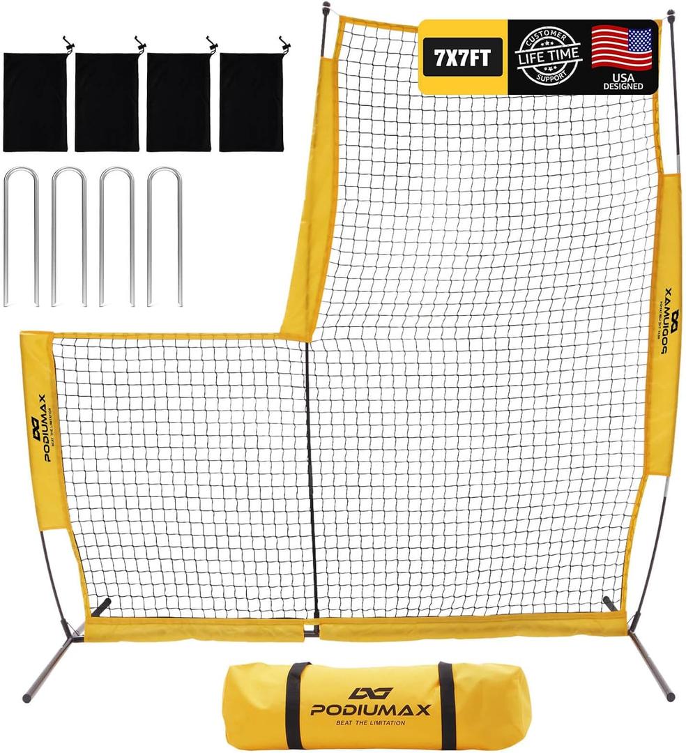 PodiuMax Baseball Softball Pitching Screen, 7x7FT Pitcher Protection Net with Upgrade Frame, Baseball Batting Pitching Net for Backyard Field Outdoor, Line Drive Protective L-Screen with Carry Bag