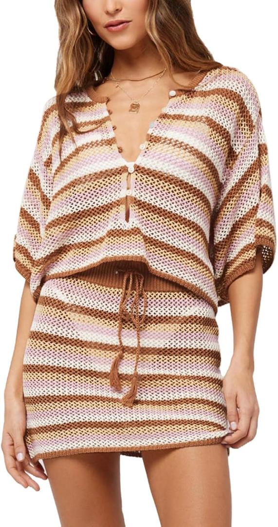Pink Queen 2 Piece Crochet Swimsuit Cover Ups for Women Hollow Out Knitted Bathing Suit Coverup Beach Crop Top and Skirt Sets (Medium, Brown Stripe)