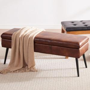 Ottoman with Storage Bench, End of Bed Bench with Flipping Lid, Mid-Century Modern & Faux Leather with Stitching, Loads 660 lb, for Living Room, Bedroom, Entryway, Retro Brown, 43.3" Long