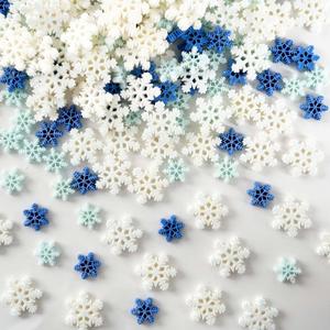 100Pcs Mini Snowflake Ornament Christmas Decorations- Glitter Resin White and Blue Snowflakes Christmas Craft Embellishment for DIY Craft Xmas Tree Winter Party Table Decor (3 Sizes)