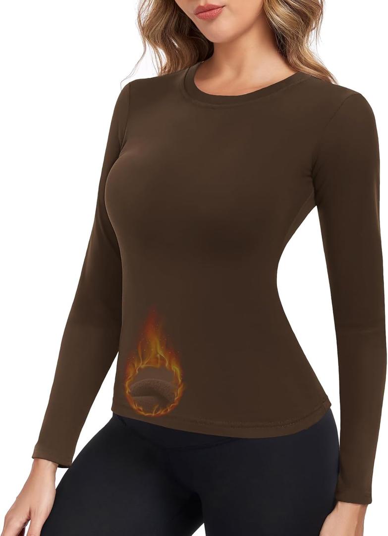 Thermal Underwear Tops for Women Long Sleeve Crewneck Shirts - Fleece Lined Soft Stretch Fitted Baselayer for Winter (XX-Large, Brown)
