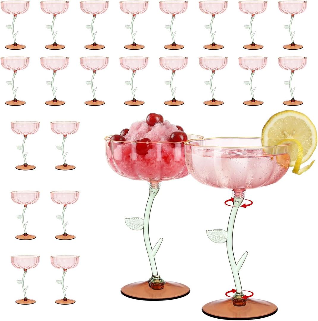 CALBODE 24Pcs Plastic Martini Glasses 7oz Disposable Plasitc Coupe Glasses with Detachable Stem Flower Modern Wavy Cocktail Coupes for Wedding Birthday Party (Peach Blush, Gold Rim)