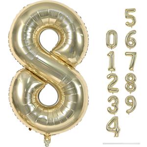 Champagne Gold 8 Balloons, 40" Giant Helium Foil Number 0-9 Light Gold Birthday Balloon for Boys Girls, Self Inflating Digit 8 Balloons for Women Men Anniversary Graduation Party Decorations Supplies