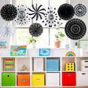 18 Pcs Black White Round Hanging Paper Fans Decor Back to School Paper Fans Round Garlands Bulletin Board Classroom Decorations for Party Supplies Classroom Decor