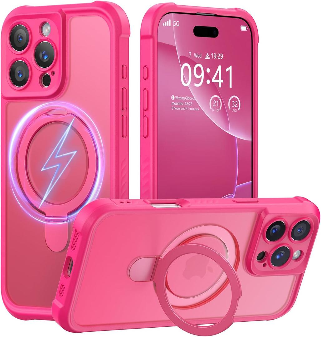 MOCCA Design for iPhone 16 Pro Max Case with Magnetic Invisible Stand [Full Camera Protection] [Compatible with Magsafe] Military Drop Shockproof Translucent Matte Phone Case Cover 6.9",Hot Pink