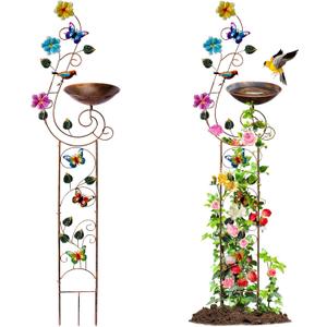 57" Height Metal Bird Bath with Trellis for Outdoor, Vintage Decorative Bird Baths, Small Garden Plant Support, Antique BirdBath for Climbing Plants with Detachable Iron Bowl (Butterfly)