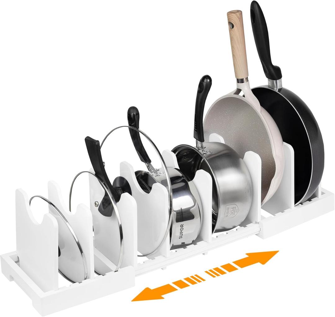 MinBoo Bamboo Expandable Pot Lid Organizer, Pot and Pan Organizer Drawer Organizer for Pot Lids, Adjustable Dividers for Kitchen Cabinet Organizers and Storage,White,Small