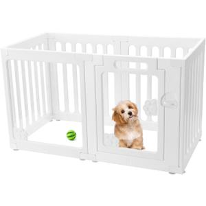 Clear Acrylic Dog Fence Pet Playpen Puppy Cat Small Play Pen Indoor Outdoor Whelping Box for Dogs with Gate (4 Plastic Panels+2 Transparent Panels)