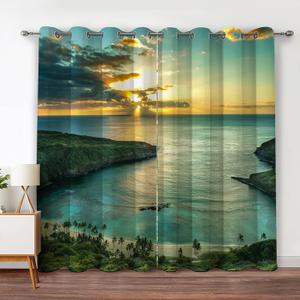 Jekeno Ocean Beach Blackout Curtains Ocean Morning Sunrise Decor for Bedroom Living Room with Hawaiian Seaside Scene Island Green Print Grommet Window Drapes 2 Panel Set, 52"x84"