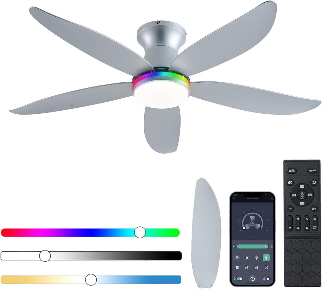 Ceiling Fan with Light, 48" RGB Low Profile Ceiling Fans with Lights and Remote Control, Dimmable, DC Reversible Motor, Noiseless, 6 Speeds Flush Mount Sliver Ceiling Fan for Bedroom (Silver)