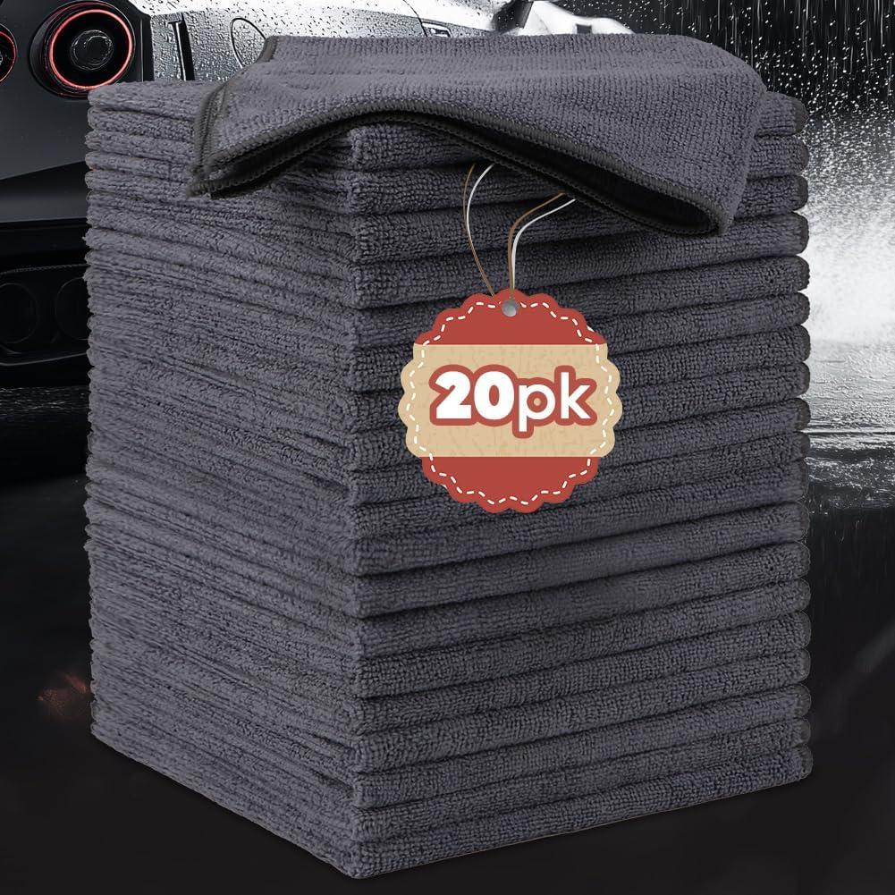 20 Pack Microfiber Cleaning Cloths, 11"x11" Ultra Soft Microfiber Towel for Cars, Highly Absorbent Car Washing Cloth, Lint Free Cleaning Pads for Car, Kitchen and Window, Grey
