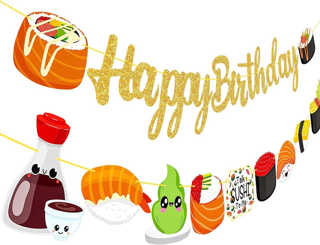 Sushi Happy Birthday Party Banners 2Pcs Glitter Sushi Garland Banners Let's Roll Sushi Party Cutout Banners Japanese Sushi Party Decorations for Sushi Theme Baby Shower Supplies