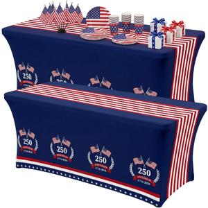 Oudain 2 Pcs 250th Anniversary Stretch Table Cover 6 Feet Patriotic Spandex Table Clothes American Flag Party Decorations for Independence Day Veterans Memorial Day Events Party Celebration