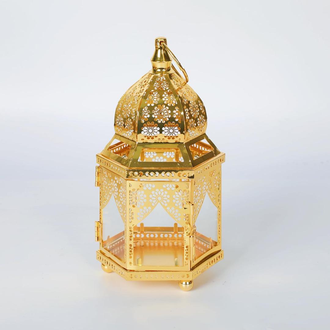 Moroccan Lantern Lamp Decorative Candle Holders with Glass for Ramadan Decorations, Hanging, Outdoor Patio or Porch, Indoor Home DecorGold