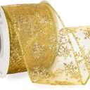 Ribbli Snowflake Glitter Wired Ribbon, Gold Organza Sheer with Gold Glitter Snowflake Pattern and Iridescent Metallic Edge,2-1/2 Inch x 10Yards Christmas Ribbon for Tree Decoration