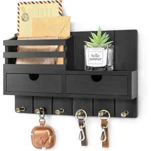 Rebee Vision Decorative Key Holder Wall Mount with 2 Drawer Organizer - Modern Mail Organizer with 6 Key Hooks & Shelf - Home Decor Aesthetic for Apartment Essentials (Black)