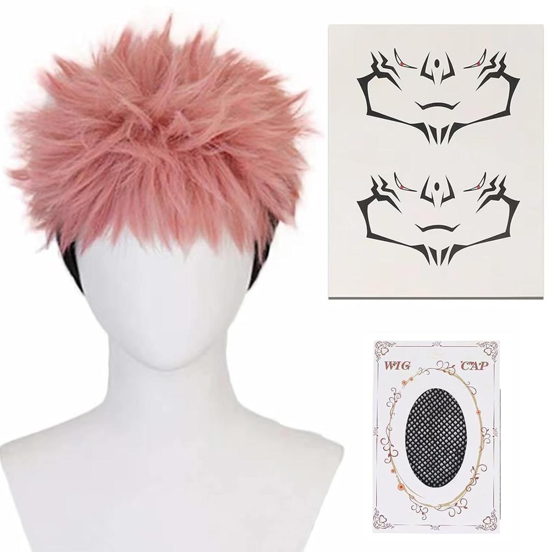 Pink and Black Wig for Yuji Cosplay Short Anime Wig with Tattoo Synthetic Heat Resistant Costume Hair Halloween Party Wig with Cap
