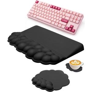 Cloud Wrist Rest Set for Keyboard and Mouse, Ergonomic Memory Foam Wrist Support & Adjustable Keyboard Stand with Two Typing Angles, Silky Lycra Surface, Non-Slip Base (Black)