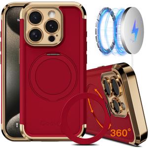 COOLQO for iPhone 14 Pro Max Case 6.7'' Upgraded 360 Spin Magnetic Stand [Compatible with Magsafe][Military Protection] Shockproof Protective Phone Holder Cover for iPhone 14 Pro Max, Red Gold