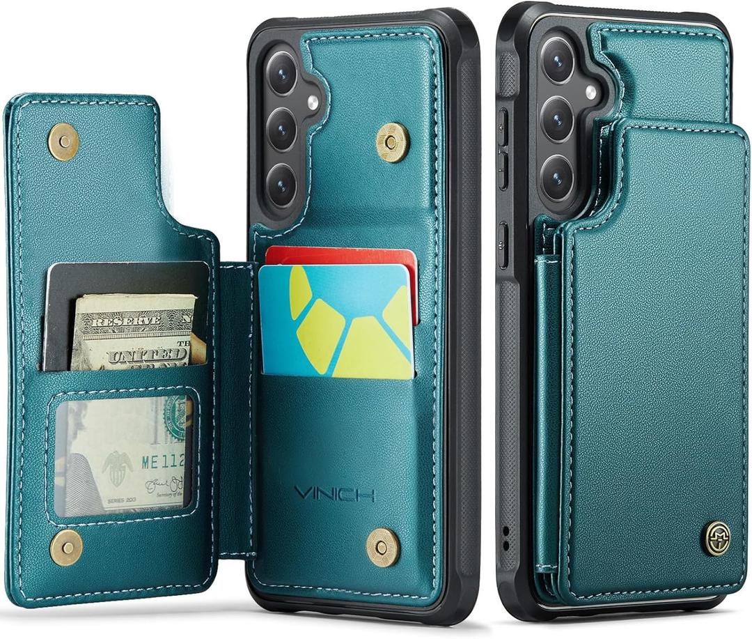 Vinich for Samsung Galaxy S24 Wallet Case with Card Holder, RFID Blocking Credit Slots Kickstand Shockproof Phone Cover Fit for Galaxy S24 6.2" Bluish Green