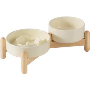 Ceramic Raised Slow Feeder Dog Bowl Set, Elevated 5.1inch Water Bowl and 6.1inch Puzzle Slow Pet Food Dish with Wooden Stand for Small Dog and Cat, Anti-Gulping (2X Beige+ Stand)