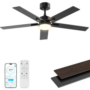 Obabala Ceiling Fan with Light 52 Inch, DC Motor Ceiling Fan with Remote and APP Control, Dimmable LED Color Changing, Reversible Quiet Fan for Bedroom Living Room Indoor Outdoor, Modern