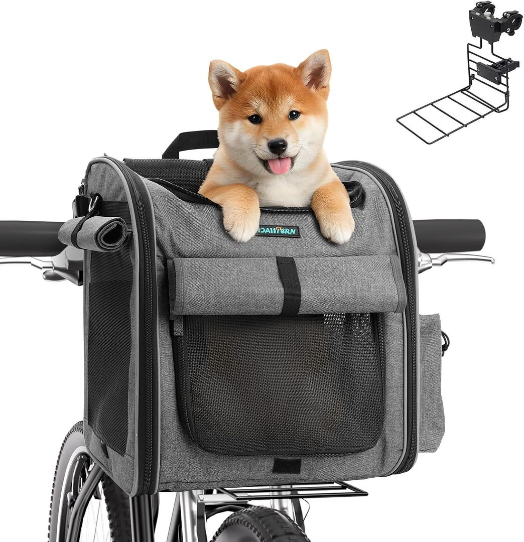 Dog Bike Front Basket, 4 in 1 Foldable Pet Backpack/Shoulder Bag/Auto Seat with Heavy-Duty L-Shaped Mount 3.15 in, Waterproof Cushion & Reflective Strips, Supports Up to 22lbs